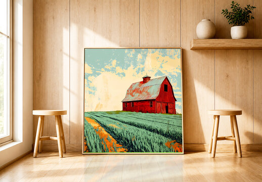 Modern Rustic Red Barn Landscape Painting Canvas Mockup in Interior