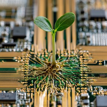 Young sprout growing roots on a computer motherboard with golden circuits