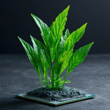 Green plant growing out of computer cpu on dark textured surface
