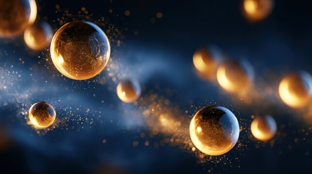 Golden bubbles floating in dark blue cosmic dust abstract science background