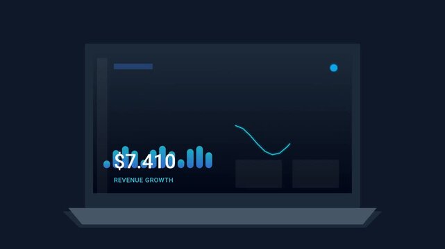 Dynamic financial data visualization on a laptop screen, highlighting revenue growth through interactive charts and key performance indicators for strategic business analysis and monitoring