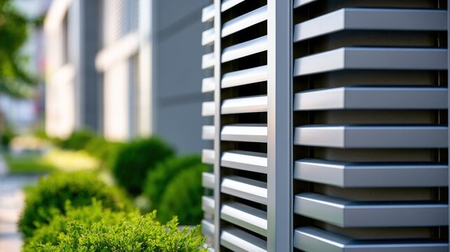 Modern building exterior with louvered vent and lush green landscaping