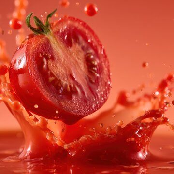 Fresh tomato half splashing into juice with droplets