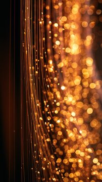 Abstract golden bokeh lights and thin fibers with warm glow in motion