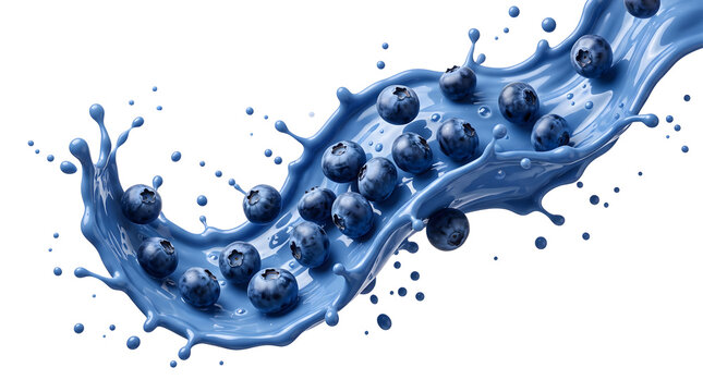 Fresh blueberries splashing through dynamic deep blue milk liquid wave