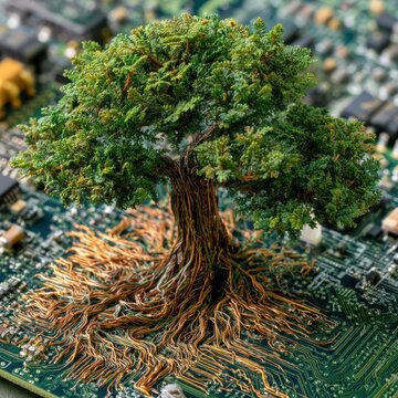 Green tree with exposed roots growing on a circuit board