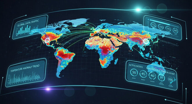 Futuristic global data network monitor with world map interface technology analytics interface holographic futuristic monitoring business