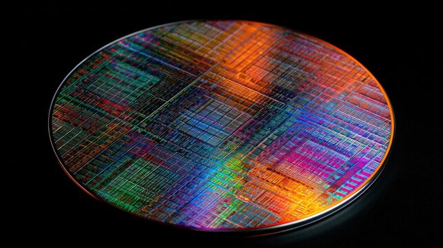 Close up macro view of a colorful silicon wafer with intricate patterns