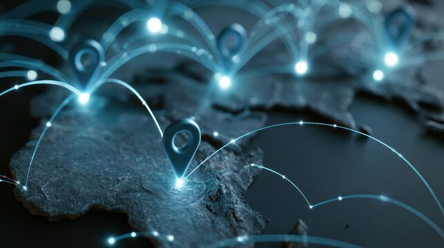 Global network connections with glowing location pins and data lines
