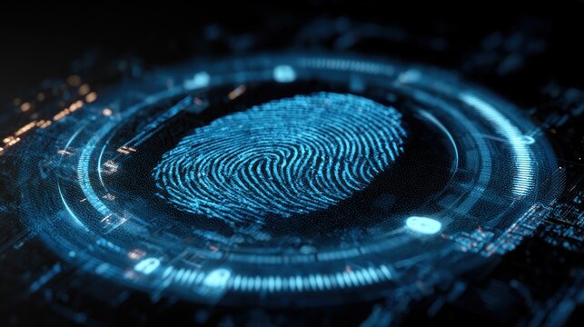 Abstract digital fingerprint scan with futuristic interface and data streams