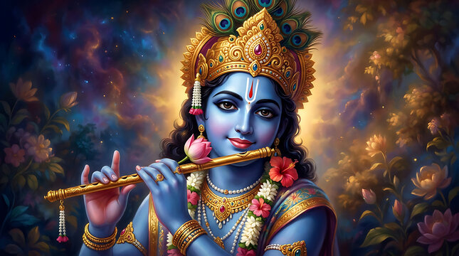 Lord krishna playing the flute with peacock feather crown and lotus flowers in a divine garden