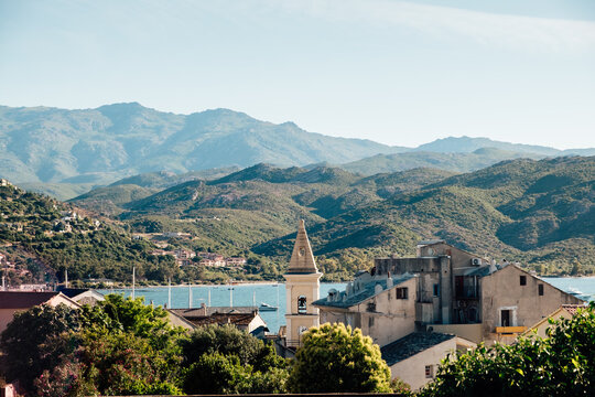 View of the montains over the roofs of Saint-Florent in Corsica
