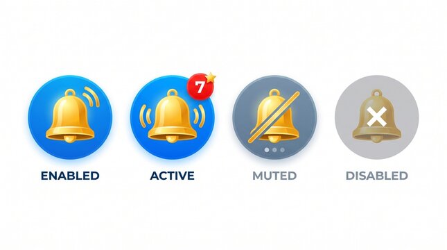 "Stylized golden notification bell icons in circular backgrounds, representing enabled, active, muted, and disabled states in digital interface design."