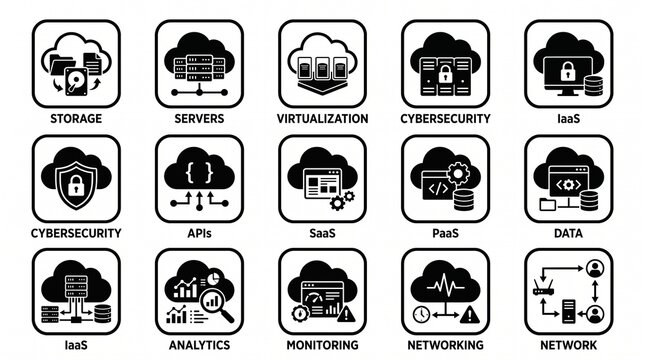"Black cloud computing icons including storage, servers, databases, virtualization, cybersecurity, APIs, SaaS, PaaS, IaaS, analytics, and monitoring concepts."
