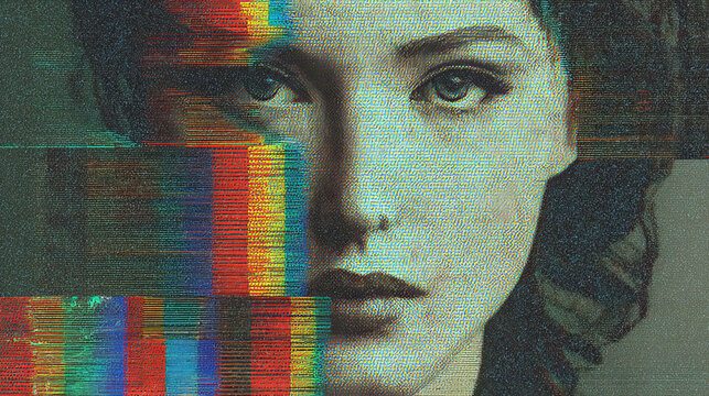 Glitch effect on face of woman with colorful digital distortion and pixelated texture creating surreal and artistic expression