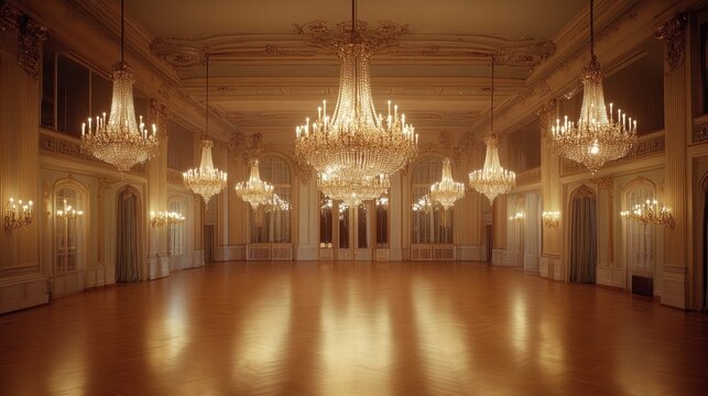 Elegant ballroom with chandeliers and polished wooden floor
