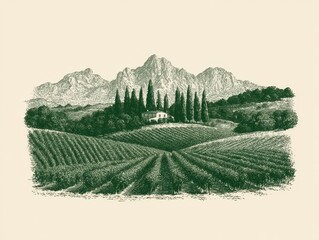 Fototapeta premium Engraving style illustration of a scenic italian landscape with a farmhouse, cypress trees, and mountains in the background