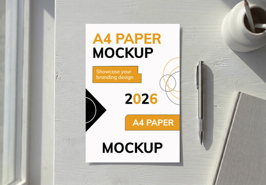 Realistic A4 Paper Mockup on Light Wooden Desk