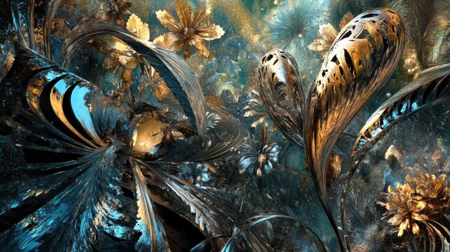 Surreal metallic jungle landscape with reflective water and exotic foliage