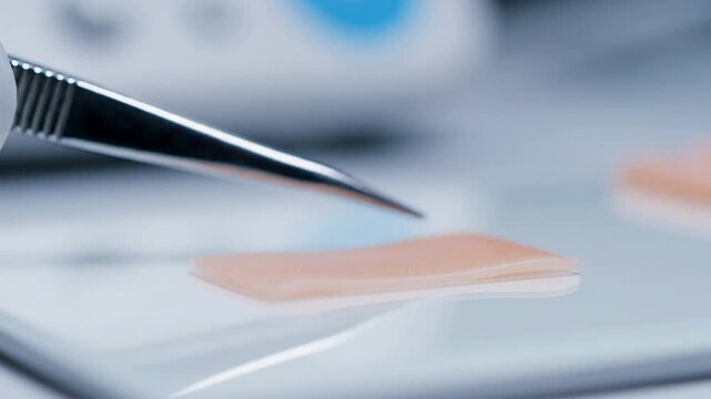 Close-Up Of Surgical Tweezers Holding A Soft Tissue Sample In A Laboratory Setting, Representing Healthcare Technology And Medical Research