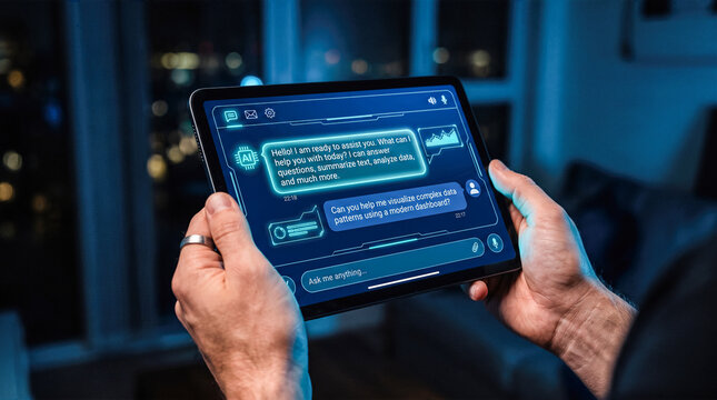 Male hands grasping mobile tablet displaying artificial intelligence chatbot conversation screen generating text responses against blurred dark window cityscape backdrop tonight
