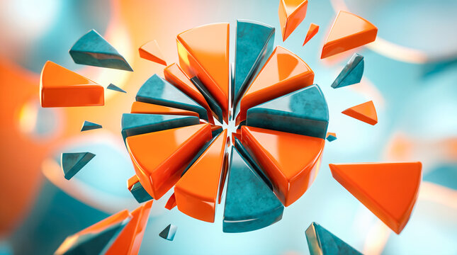 Exploding tridimensional pie chart fracturing into multiple flying orange teal pieces representing business disruption market volatility financial collapse dynamic data visualization background
