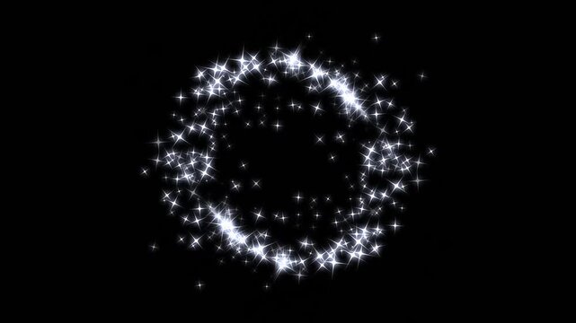 Luminous white glitter star clusters swirling in orbital ring paths, shimmering galaxy dust reveal, celebratory party light backdrop, magical particle energy motion design on black screen. 4k video