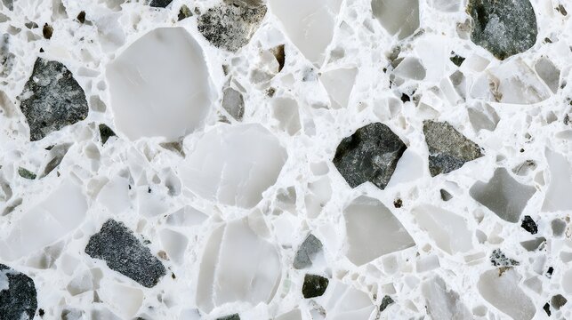 Polished terrazzo composite surface featuring varied stone fragments embedded within a white resin matrix for interior design applications