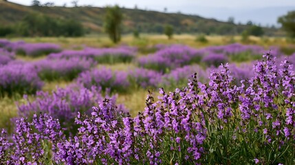 Obraz premium A vibrant field of purple flowering plants stretches across a rolling hillside under soft daylight
