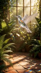Obraz premium Crystal Hummingbird Ornament Hanging in Sunlit Greenhouse with Prism Light Reflections