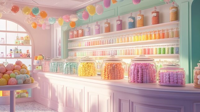 Pastel candy shop interior with glass jars on shelves and sunlight