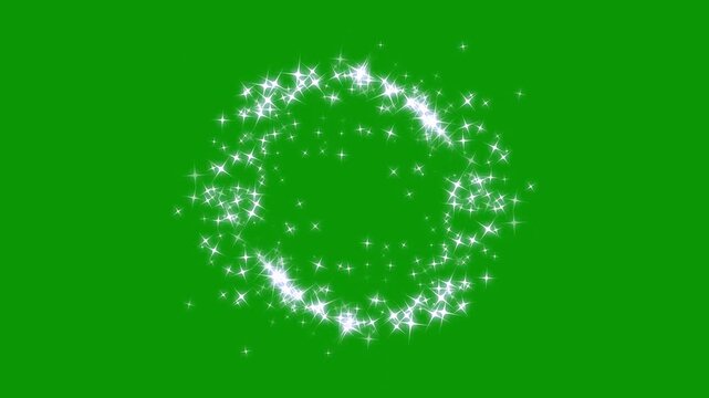 Luminous white glitter star clusters swirling in orbital ring paths, shimmering galaxy dust reveal, celebratory party light backdrop, magical particle energy motion design on green screen. 4k video