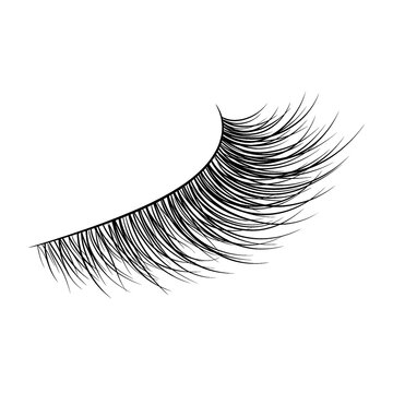 Line art of textured wispy natural eyelashes, three quarter angle. Cosmetic design element on white.