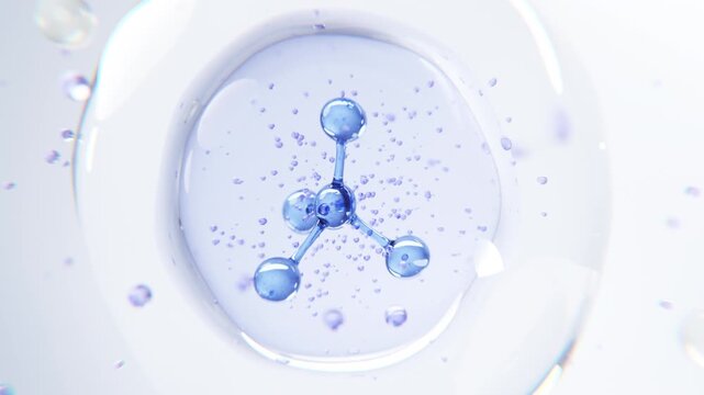3D animation of a blue molecular structure suspended in a transparent serum, representing skincare ingredients, biotechnology, molecular science, hydration, and cosmetic research.