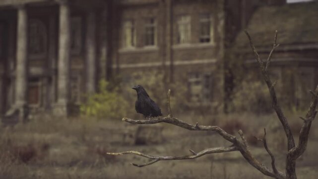 Solitary black crow on branch against decaying Slovenian manor facade, overgrown courtyard, muted autumn tones, misty light, cinematic sense of abandonment