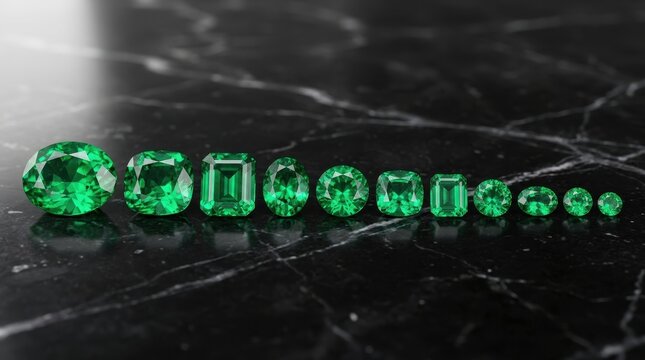 A dazzling collection of brilliantly faceted emeralds of varying sizes arranged in a line on a dark textured surface.