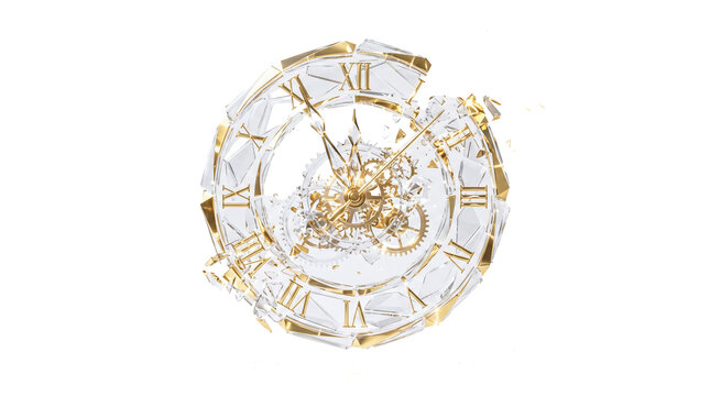 Broken transparent crystal clockface exploding outward revealing complex golden internal gears against solid white background capturing dynamic freeze frame during destruction