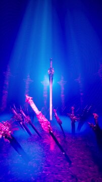 Dark Fantasy 3D Animation of Legendary Sword Floating in Ancient Pillar Temple