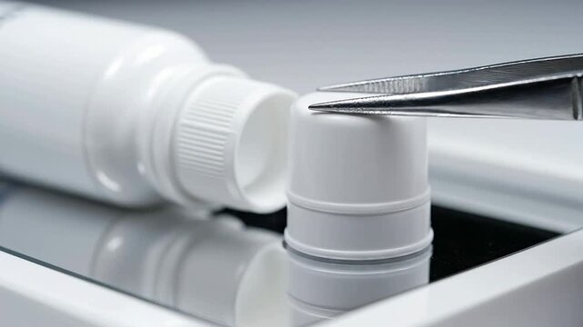 Close-Up View Of Pharmaceutical Bottle Cap Being Removed With Tweezers On Reflective Surface, Medical Packaging And Cosmetic Design