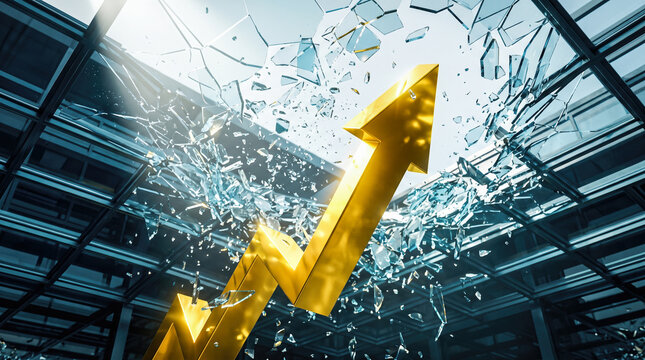 Huge golden metallic arrow breaking upward through transparent glass ceiling shattering solid barriers inside modern corporate office building signifying ultimate financial success