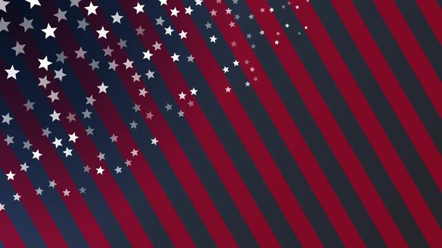 Abstract dark red and blue diagonal stripes with flowing white stars. This seamless motion graphic loop resembles a stylized American flag, perfect for USA patriotic designs.