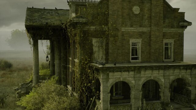 Overgrown Romanian villa, nature reclaiming grounds. Vine choked facade and collapsed roofline, veranda overtaken by shrub and ivy, foggy meadow backdrop
