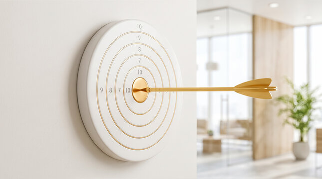 Golden metal dart hitting precise center atop white circular board featuring reflective rings mounted across blurred office wall background achieving ultimate corporate goals