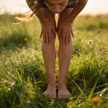 Woman Barefoot Bending Over with Hands on Knees in Dewy Grass at Golden Hour Sunrise