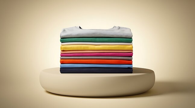 Neatly folded stack of colorful t-shirts on a light beige background.