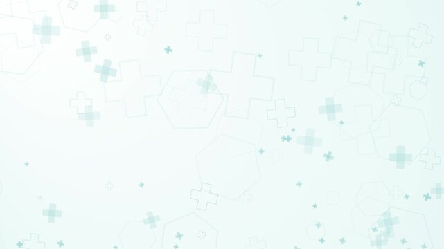 Clean light blue background with floating medical crosses and hexagons. This seamless abstract healthcare motion graphic loop is perfect for science and clinical video designs.