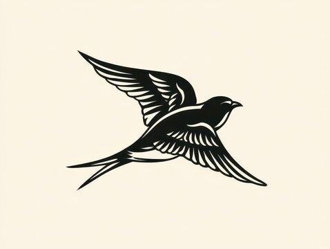 Stylized handdrawn illustration of a swallow bird in flight, featuring bold lines and artistic engraving style