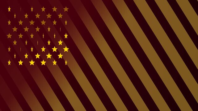 Elegant dark red background with golden diagonal stripes and rotating 3D stars. This seamless motion graphic loop resembles a stylized abstract American flag for patriotic designs.