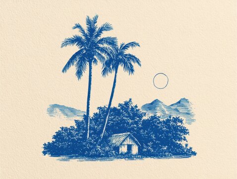 Tropical island landscape with palm trees and a small hut, vintage engraving style