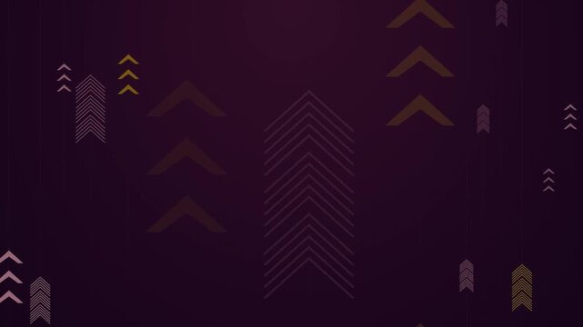 Elegant dark burgundy background with rising golden geometric arrows. This seamless abstract motion graphic loop is perfect for modern business and corporate growth designs.